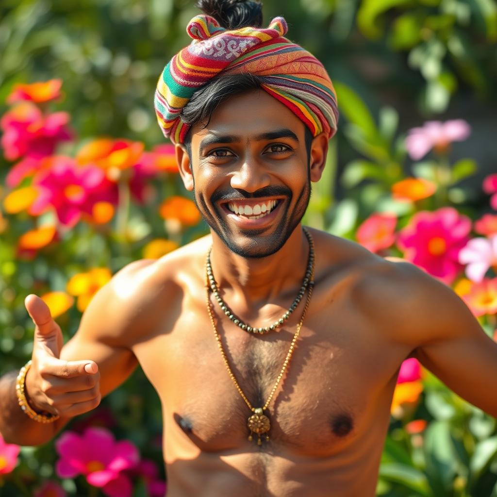 A joyful half-naked Indian man, displaying a broad smile, with bright, expressive eyes