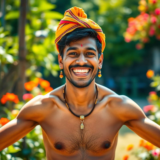 A joyful half-naked Indian man, displaying a broad smile, with bright, expressive eyes