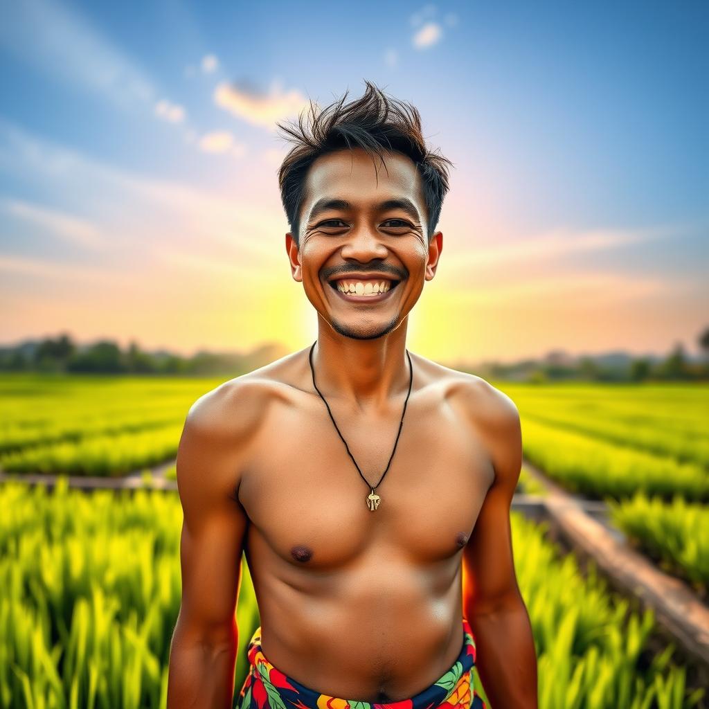 A half-naked Cambodian man with a joyful expression, showcasing a mix of traditional and modern Southeast Asian aesthetics