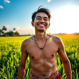 A half-naked Cambodian man with a joyful expression, showcasing a mix of traditional and modern Southeast Asian aesthetics