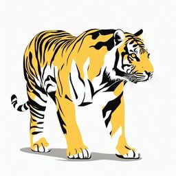 Illustration of a full-body tiger, rendered in shades of yellow, orange, and black, set against a pristine white background.