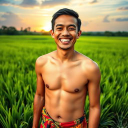 A half-naked Cambodian man with a joyful expression, showcasing a mix of traditional and modern Southeast Asian aesthetics