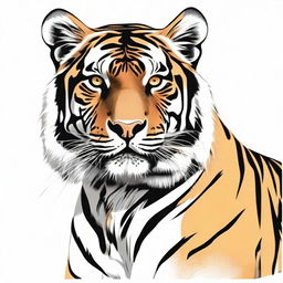 A highly detailed, full-body illustration of a tiger with a black outline, painted in distinctive shades of yellow, orange, and black, placed against a crisp white background