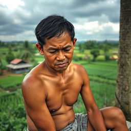 A half-naked typical Cambodian man, showcasing traditional Cambodian features, sitting down with a sad expression on his face