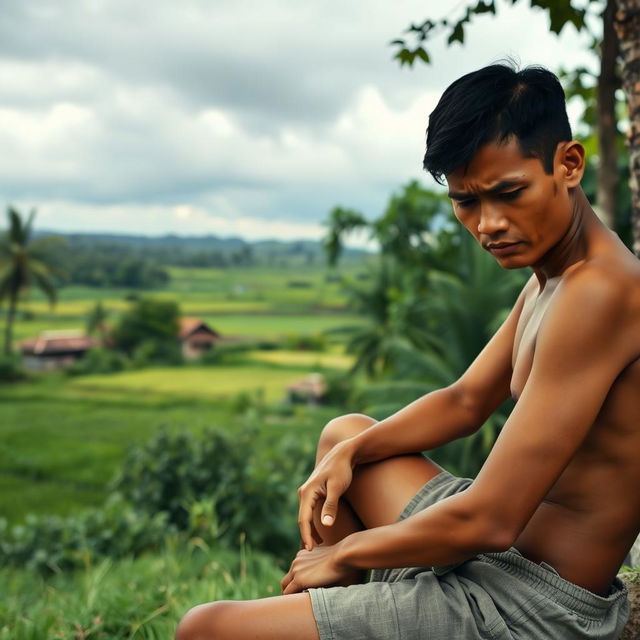 A half-naked typical Cambodian man, showcasing traditional Cambodian features, sitting down with a sad expression on his face