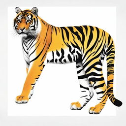 A highly detailed, full-body illustration of a tiger with a black outline, painted in distinctive shades of yellow, orange, and black, placed against a crisp white background