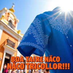 A beautiful blue shirt featuring intricate tribal details in white, set against the vibrant backdrop of Pelourinho on a sunny afternoon