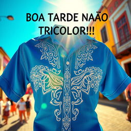 A beautiful blue shirt featuring intricate tribal details in white, set against the vibrant backdrop of Pelourinho on a sunny afternoon