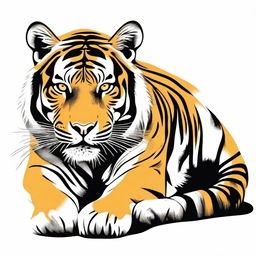 A highly detailed, full-body illustration of a tiger with a black outline, painted in distinctive shades of yellow, orange, and black, placed against a crisp white background