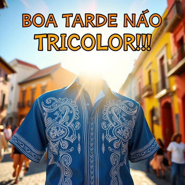 A beautiful blue shirt featuring intricate tribal details in white, set against the vibrant backdrop of Pelourinho on a sunny afternoon