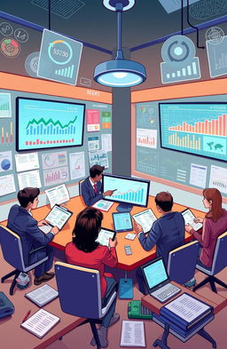 An informative and engaging illustration of a financial instruments accounting workshop, featuring a diverse group of professionals interacting with modern financial data on digital screens, notebooks, and financial reports