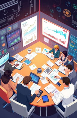 An informative and engaging illustration of a financial instruments accounting workshop, featuring a diverse group of professionals interacting with modern financial data on digital screens, notebooks, and financial reports