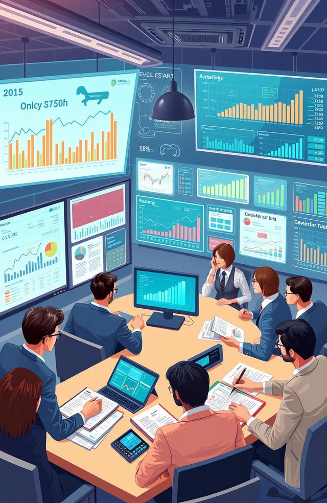 An informative and engaging illustration of a financial instruments accounting workshop, featuring a diverse group of professionals interacting with modern financial data on digital screens, notebooks, and financial reports