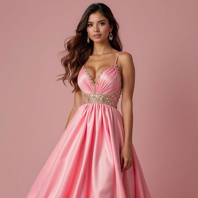 A rich girl wearing an elegant pink sexy dress, showcasing luxurious fabrics and intricate details