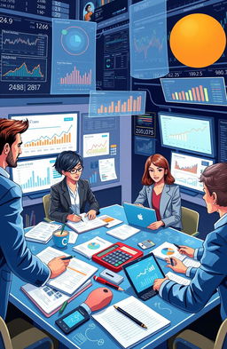 An informative and engaging illustration of a financial instruments accounting workshop, featuring a diverse group of professionals interacting with modern financial data on digital screens, notebooks, and financial reports