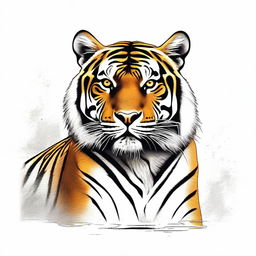 A highly detailed, full-body illustration of a tiger with a black outline, painted in distinctive shades of yellow, orange, and black, placed against a crisp white background