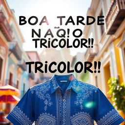 A blue shirt adorned with intricate tribal details in white, placed prominently in the foreground