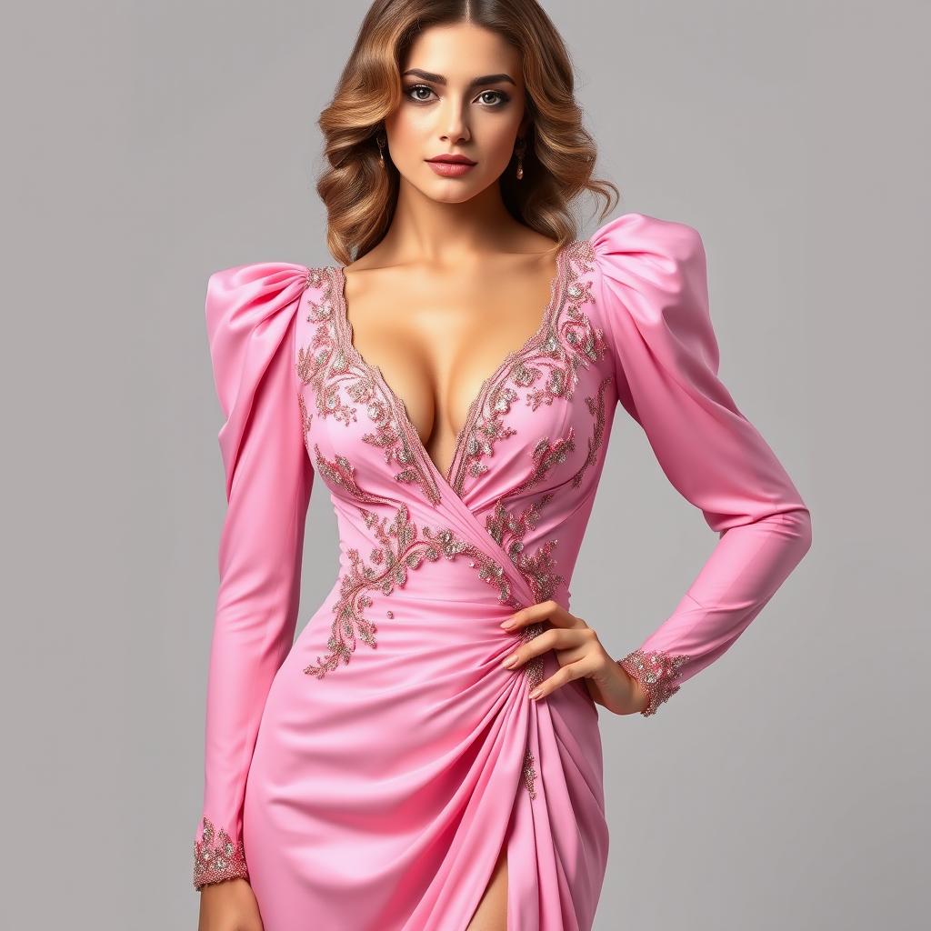 A rich girl wearing an elegant pink sexy dress, adorned with luxurious textures and delicate embellishments