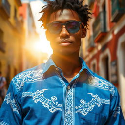 A blue shirt with intricate tribal details in white, prominently displayed against the vibrant backdrop of Pelourinho on a sunny afternoon