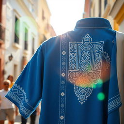 A blue shirt with intricate tribal details in white, prominently displayed against the vibrant backdrop of Pelourinho on a sunny afternoon