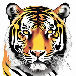 A highly detailed, realistic full-body tiger illustration emphasized by a black outline, depicted in vibrant shades of yellow, orange, and black, against a contrasting white background