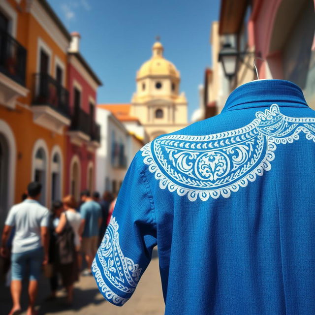 A blue shirt with intricate tribal details in white, prominently displayed against the vibrant backdrop of Pelourinho on a sunny afternoon