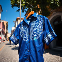 A blue shirt with intricate tribal details in white, prominently displayed against the vibrant backdrop of Pelourinho on a sunny afternoon