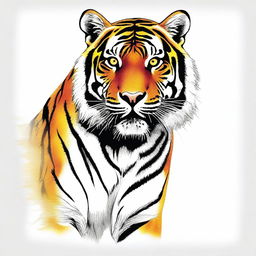 A highly detailed, realistic full-body tiger illustration emphasized by a black outline, depicted in vibrant shades of yellow, orange, and black, against a contrasting white background