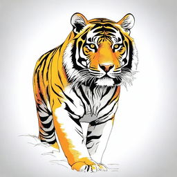 A highly detailed, realistic full-body tiger illustration emphasized by a black outline, depicted in vibrant shades of yellow, orange, and black, against a contrasting white background