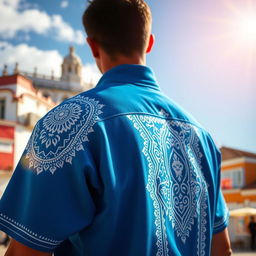 A vibrant blue shirt adorned with intricate tribal details in white, elegantly placed in the foreground with the picturesque Pelourinho in the background on a sunny afternoon