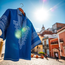A vibrant blue shirt adorned with intricate tribal details in white, elegantly placed in the foreground with the picturesque Pelourinho in the background on a sunny afternoon