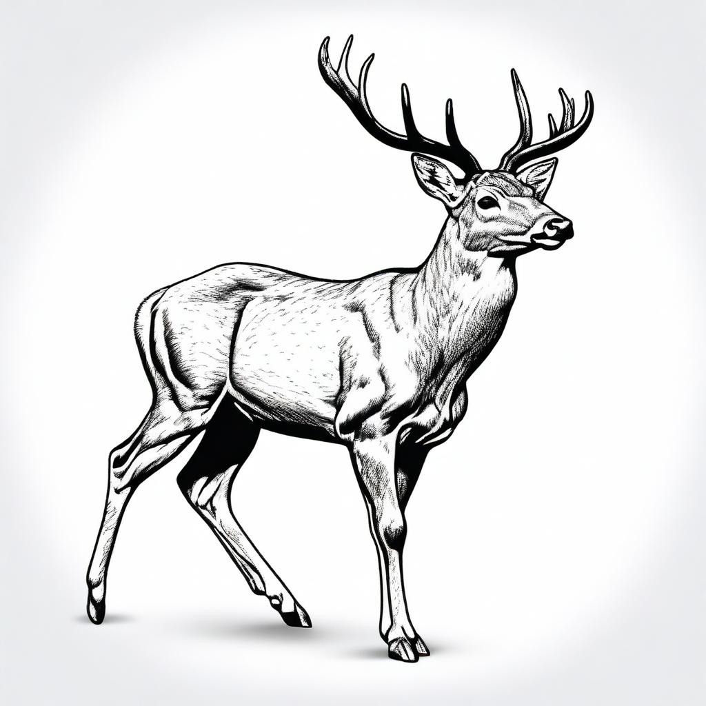 A highly detailed, realistic illustration of a full-body deer, outlined in black, poised in a leaping or walking posture, contrasted against a pure white background