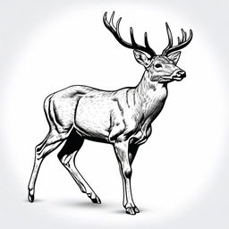 A highly detailed, realistic illustration of a full-body deer, outlined in black, poised in a leaping or walking posture, contrasted against a pure white background