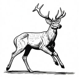 A highly detailed, realistic illustration of a full-body deer, outlined in black, poised in a leaping or walking posture, contrasted against a pure white background