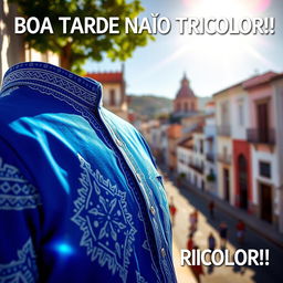 A vibrant blue shirt adorned with intricate white tribal details, set against the picturesque backdrop of Pelourinho during a sunny afternoon