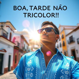A vibrant blue shirt adorned with intricate white tribal details, set against the picturesque backdrop of Pelourinho during a sunny afternoon