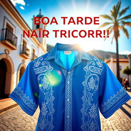 A vibrant blue shirt adorned with intricate white tribal details, set against the picturesque backdrop of Pelourinho during a sunny afternoon