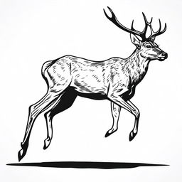 A highly detailed, realistic illustration of a full-body deer, outlined in black, poised in a leaping or walking posture, contrasted against a pure white background