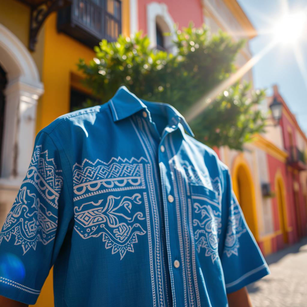 A blue shirt with intricate tribal details in white prominently displayed in the foreground