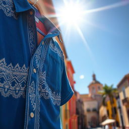 A blue shirt with intricate tribal details in white prominently displayed in the foreground