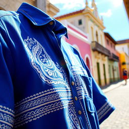 A blue shirt with intricate tribal details in white prominently displayed in the foreground