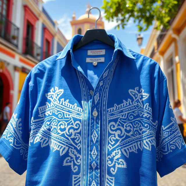 A blue shirt with intricate tribal details in white prominently displayed in the foreground