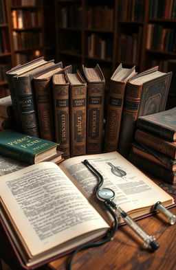 A collection of vintage medical books arranged artistically on a wooden table, with soft, natural light illuminating the pages