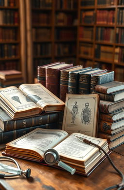 A collection of vintage medical books arranged artistically on a wooden table, with soft, natural light illuminating the pages