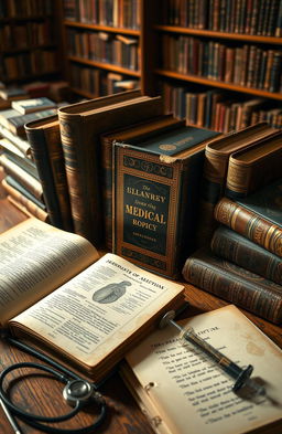 A collection of vintage medical books arranged artistically on a wooden table, with soft, natural light illuminating the pages