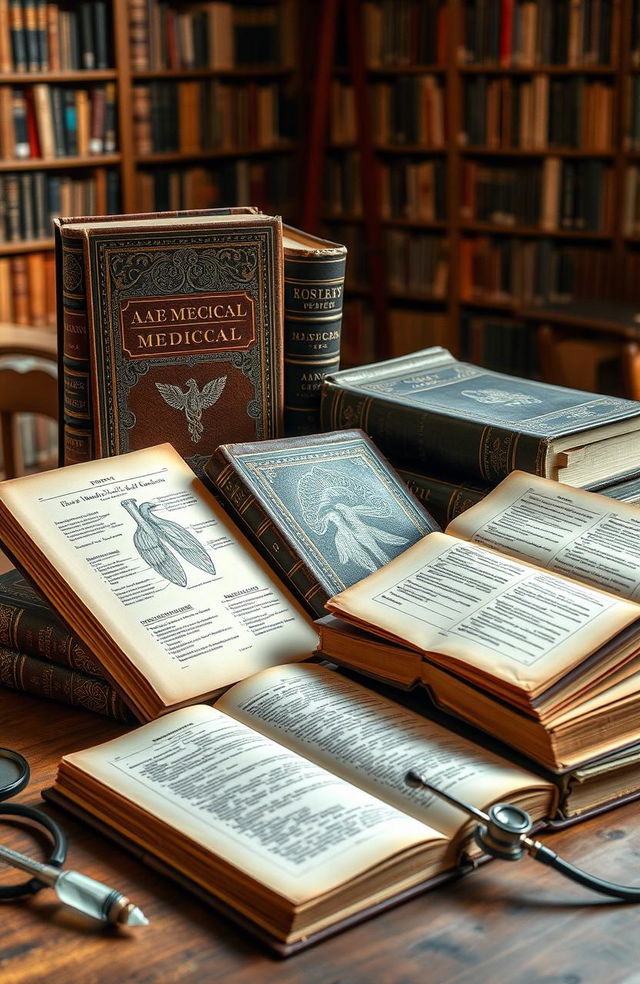 A collection of vintage medical books arranged artistically on a wooden table, with soft, natural light illuminating the pages