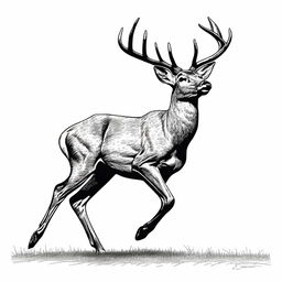 A highly detailed, realistic illustration of a full-body deer, outlined in black, poised in a leaping or walking posture, contrasted against a pure white background