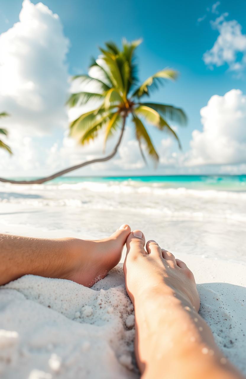 A close-up view of a pair of white male feet resting in soft, white sand on a sunny Florida beach