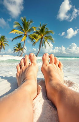 A close-up view of a pair of white male feet resting in soft, white sand on a sunny Florida beach