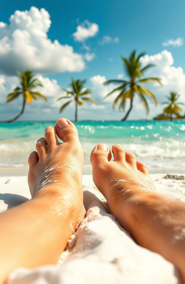 A close-up view of a pair of white male feet resting in soft, white sand on a sunny Florida beach